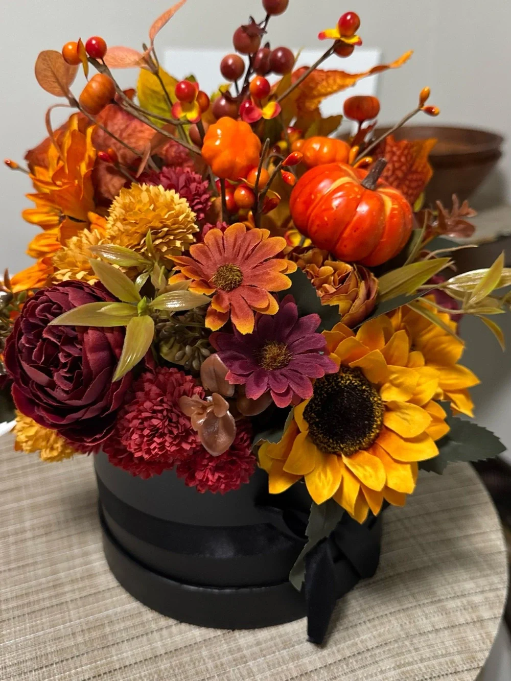 Autumn Harvest Sunflower & Pumpkin Floral Arrangement - Orange